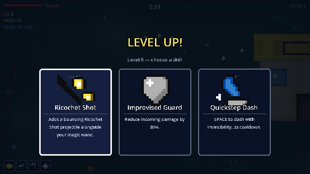 Three skill cards offered on level up, one highlighted for selection