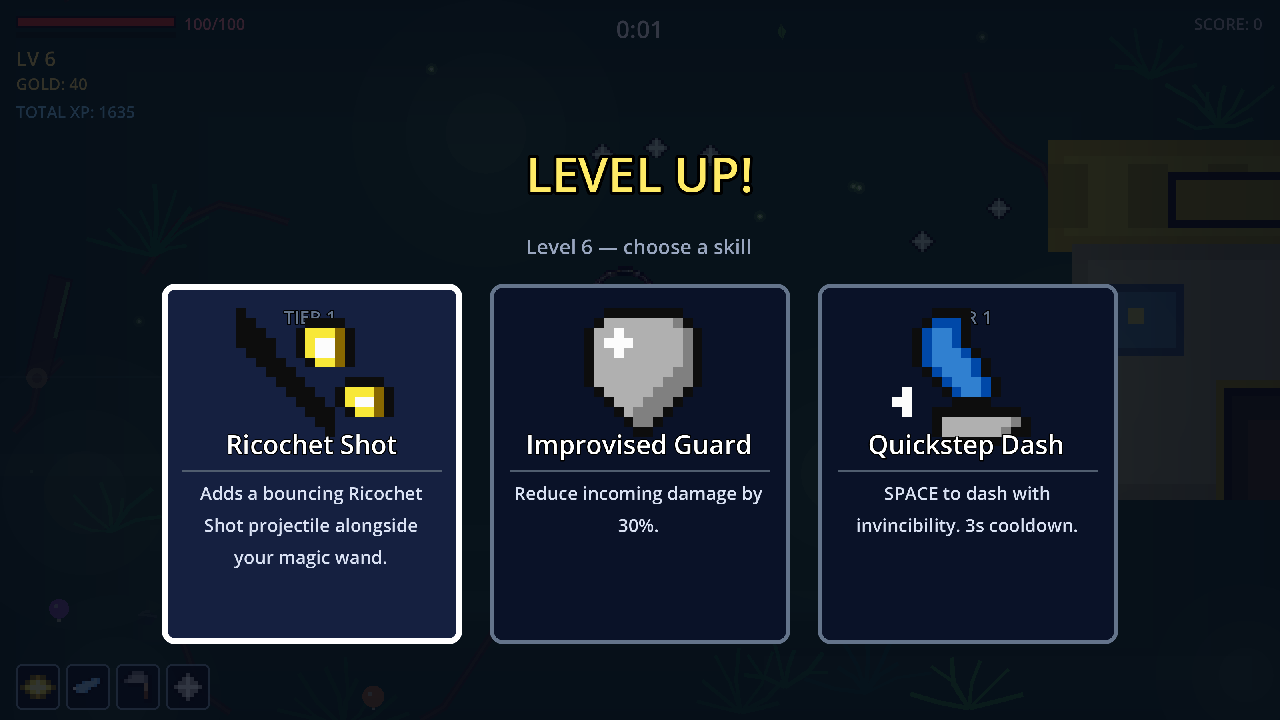 The level-up screen offering three skill cards: Adrenaline Surge, Ricochet Shot and Improvised Guard