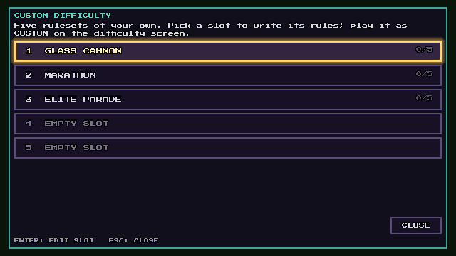 The custom difficulty menu: five named rule slots to author your own difficulty