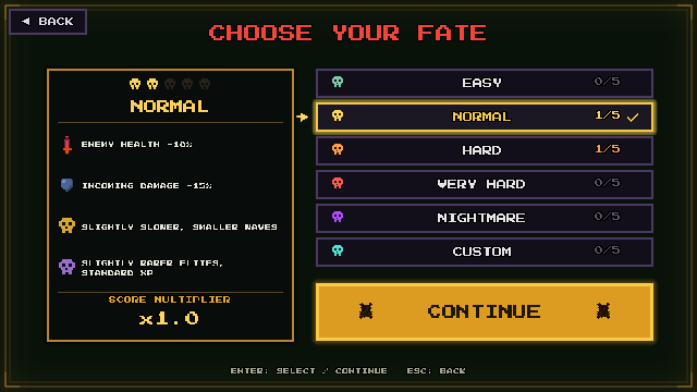 The difficulty select screen, five tiers from EASY to NIGHTMARE with one highlighted