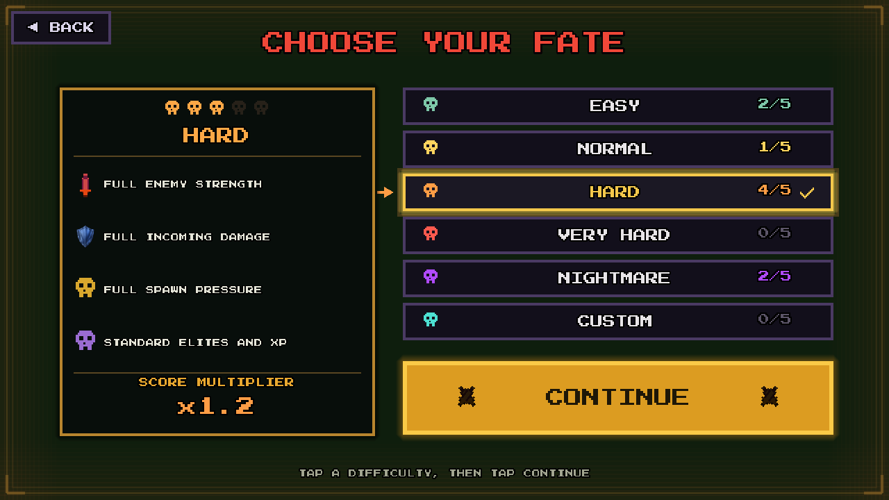 The difficulty select screen, five tiers from EASY to NIGHTMARE with one highlighted