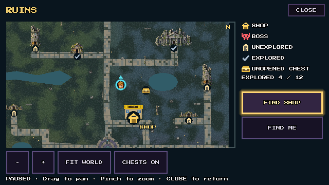The paused in-run map of the Ruins, showing the roads, the shop, explored and unexplored doorways and unopened chests