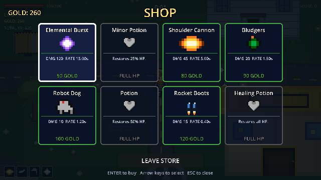 The in-run shop listing weapons and potions against the gold collected so far