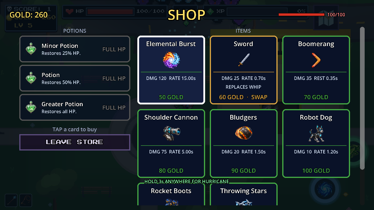 The shop: potions and weapon cards laid out with their gold prices, and Harrison's gold in the corner
