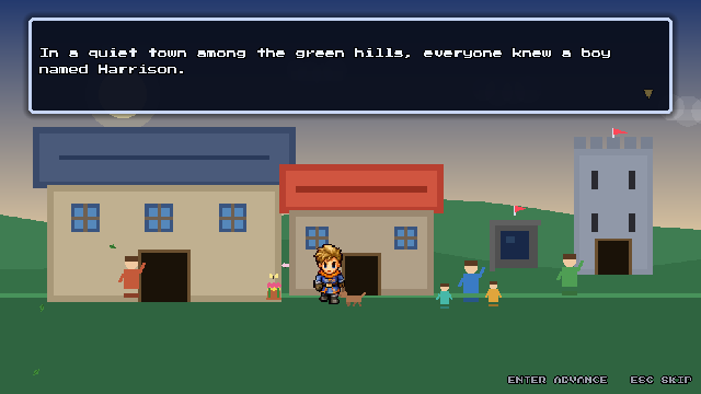 The opening cutscene: the hometown before the storm, with dialogue on screen