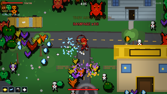 A dense wave of enemies pressing in from every edge of the screen in the hometown
