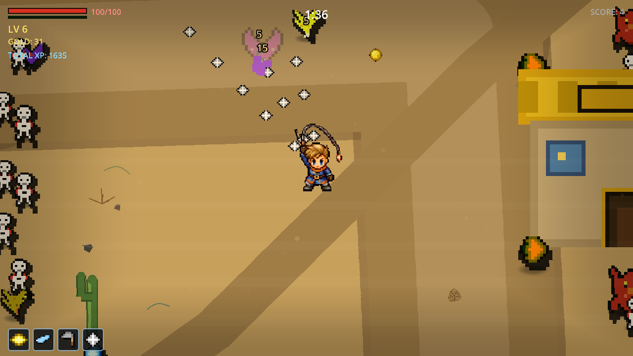 The desert: pale sand, scattered scrub, an adobe trading post and a watchtower