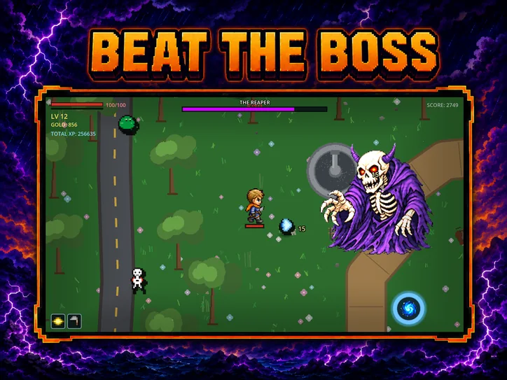Beat the boss — the Reaper's health bar across the top as Harrison kites it through the Hometown fields