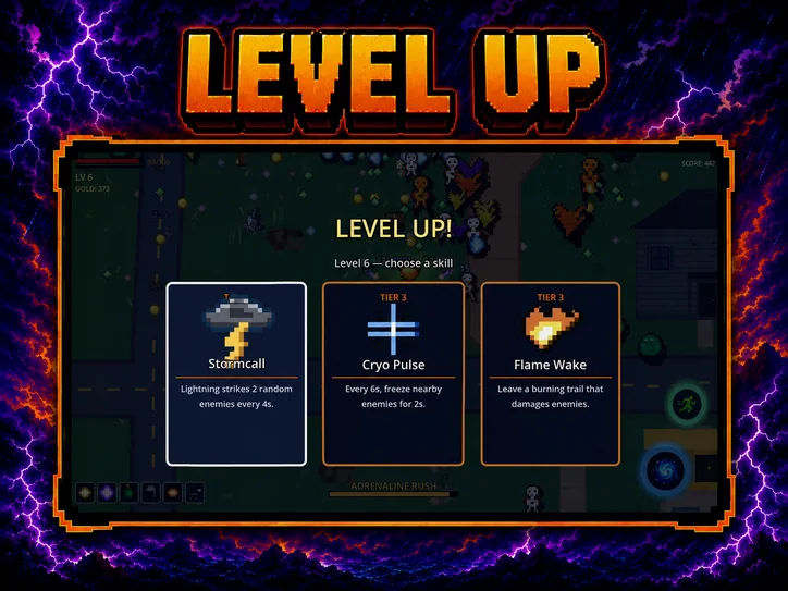 Level up — the level-6 draw mid-horde: Stormcall, Cryo Pulse or Flame Wake