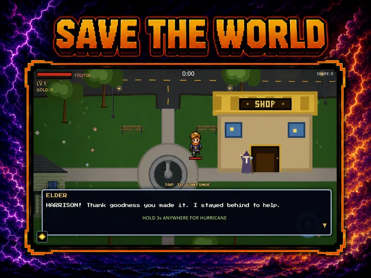 Save the world — the Elder greets Harrison outside the Hometown shop as the story begins