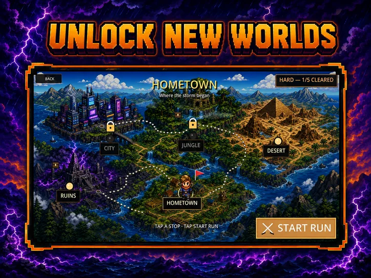 Unlock new worlds — the painted world map with Hometown cleared and the Jungle and City still locked